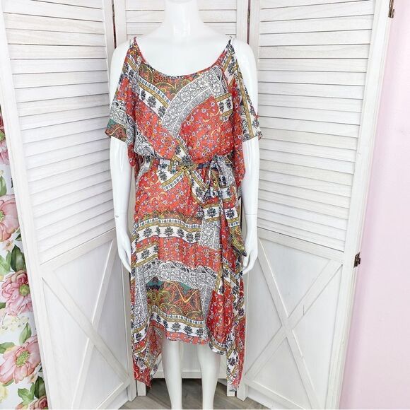 Signature Robbie Bee Patchwork Print Cold Shoulder Midi Dress Red Multi 6 - Picture 1 of 12